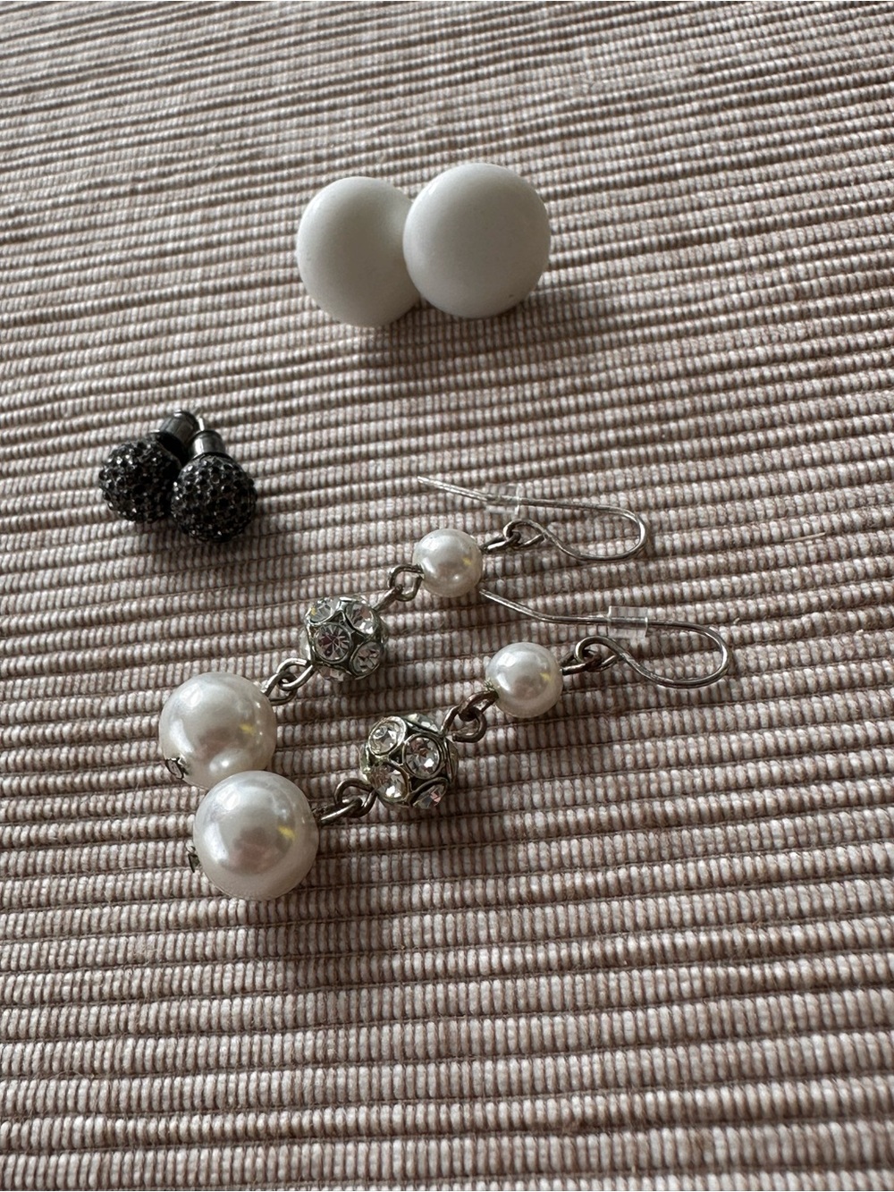 3 PAIRS - Elegant White Pearl Drop Earrings with Crystal Accents